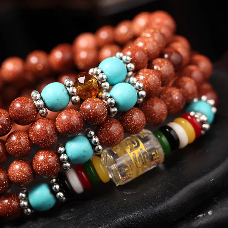 Golden star stone nugget sand bracelet with six words mantra and fu character design