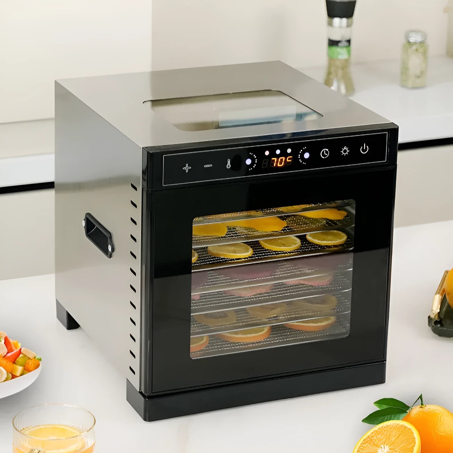 Stainless steel fruit dehydrator with LED control panel and multiple drying trays