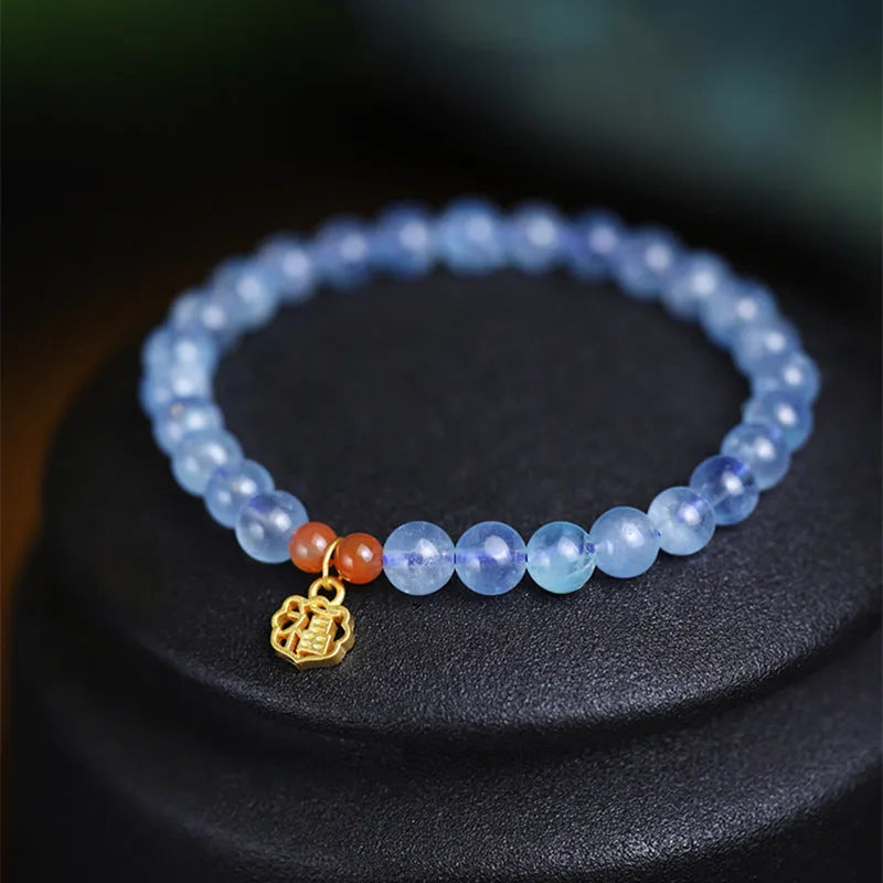 Ice translucent natural aquamarine crystal bracelet with 8mm beads and blessing card design
