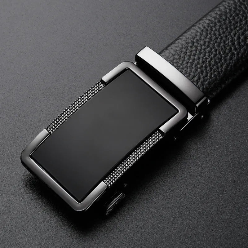 Men's automatic buckle leather belt in gold, gun black, or silver with alloy buckle
