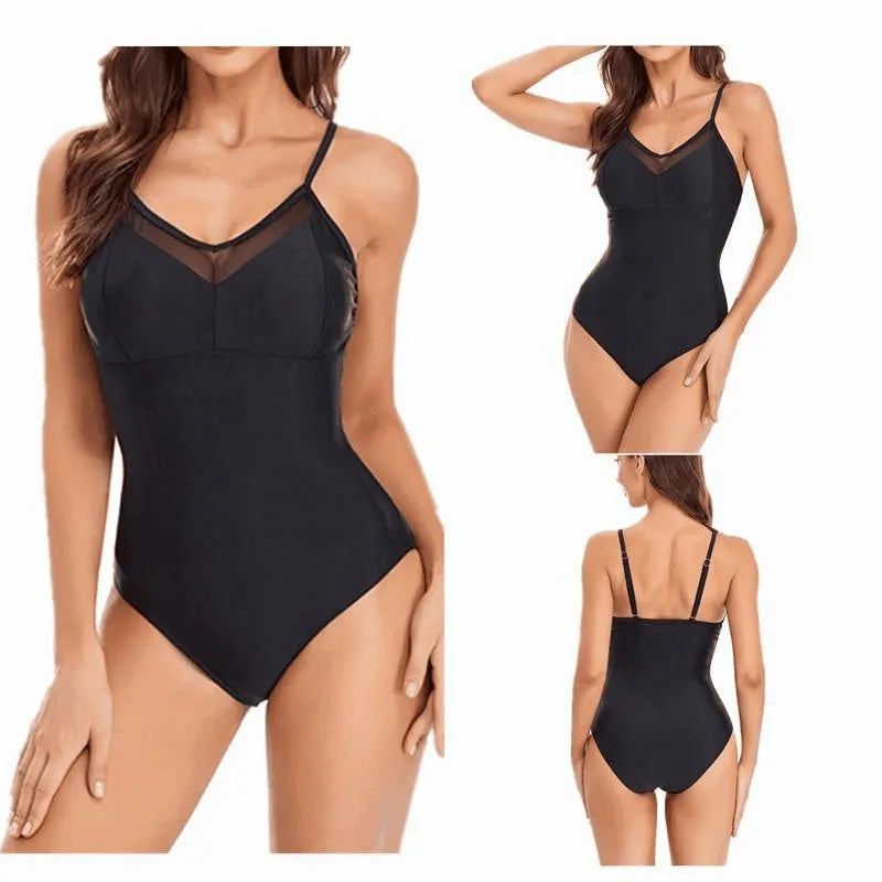 Women's black backless one-piece swimsuit with mesh panel detail.