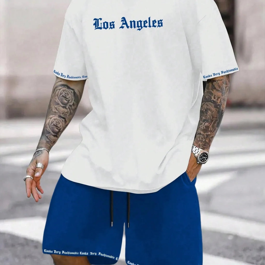 Men's grey sports style short-sleeved top and matching shorts quick-dry two-piece set