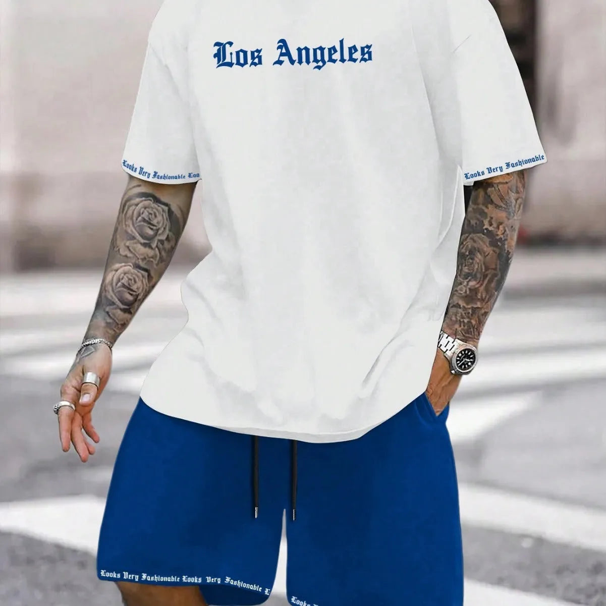 Men's grey sports style short-sleeved top and matching shorts quick-dry two-piece set