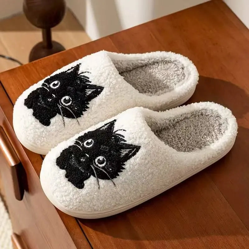 White plush cotton Black Beard Cat cartoon slippers with a non-slip sole for couples.