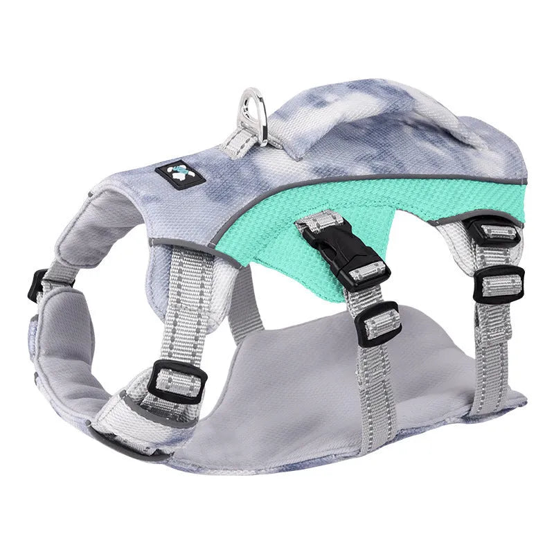 Reflective dog chest strap in light blue colour showing cooling clothes attachment points