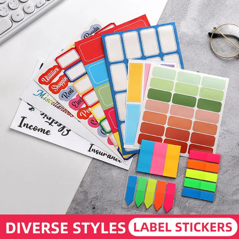 Handwritten label stickers showing multiple grid formats, A6 ruler versions, and coloured sticky notes on white background
