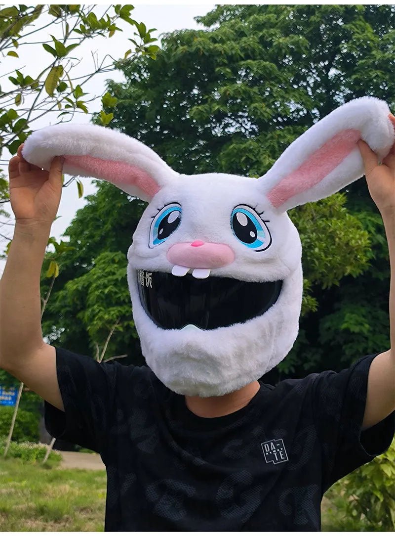 Long eared white rabbit plush cover on an electric motorcycle helmet.