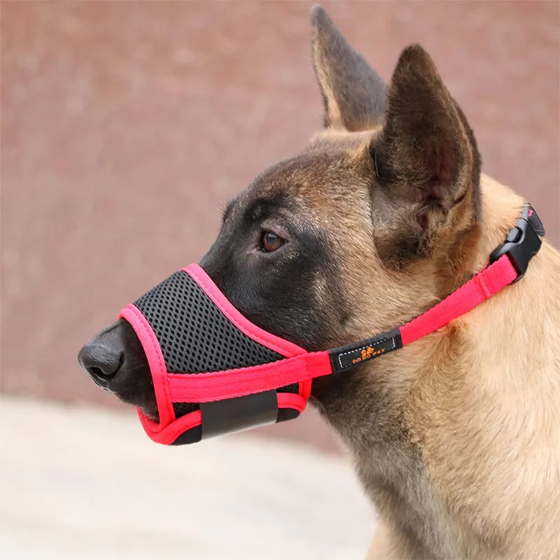 Adjustable breathable mesh pet muzzle with Velcro fastening and ABS grip in black colour