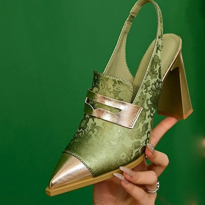 Korean style women's high-heel sandals with chunky heel, pointed toe, and an elasticated high-cut ankle strap.
