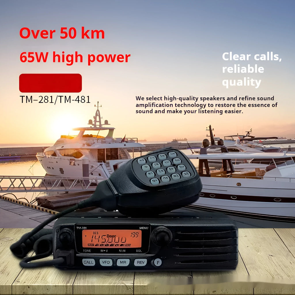 Jianwu TM series vehicular marine VHF transceiver with hand microphone and car antenna on table