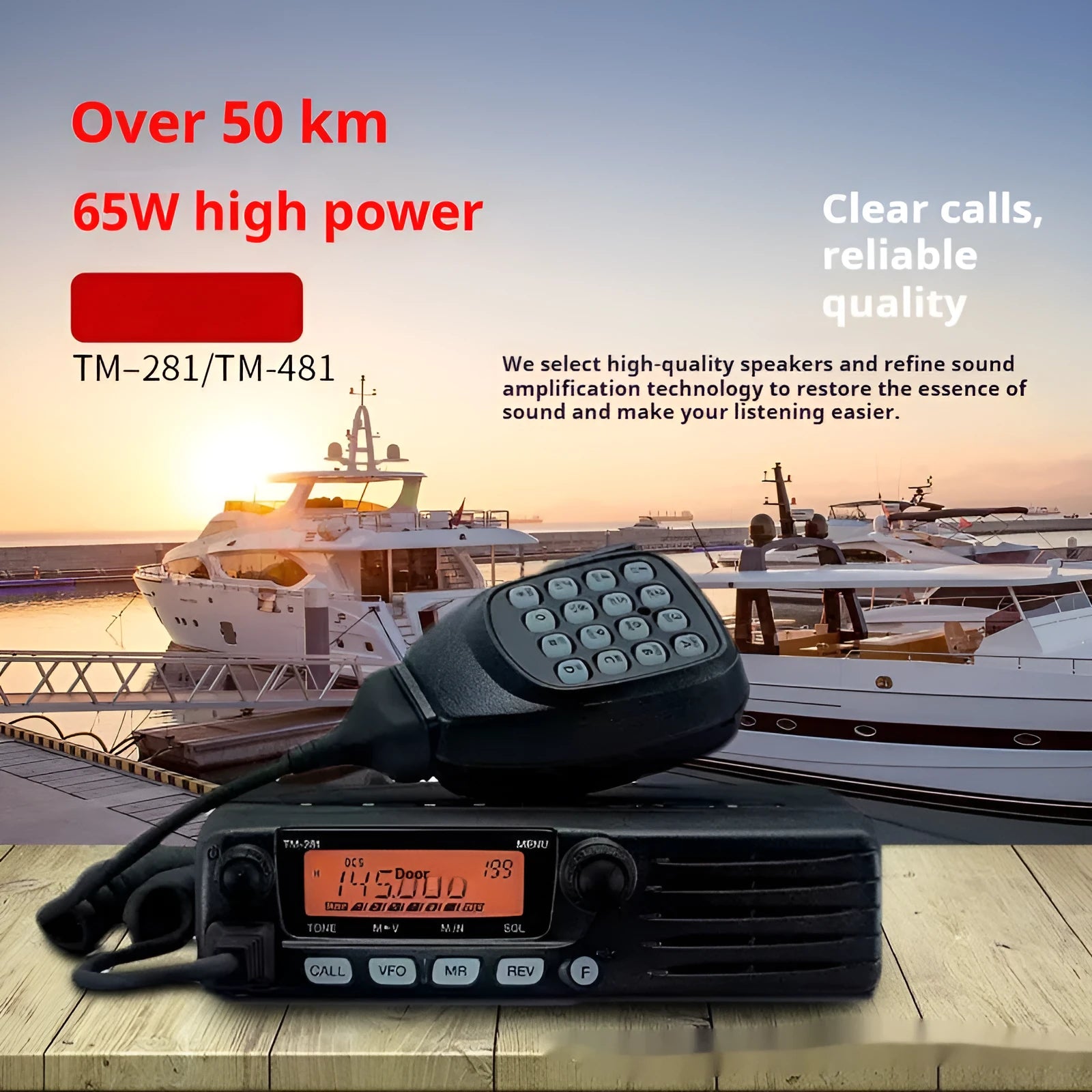Jianwu TM series vehicular marine VHF transceiver with hand microphone and car antenna on table