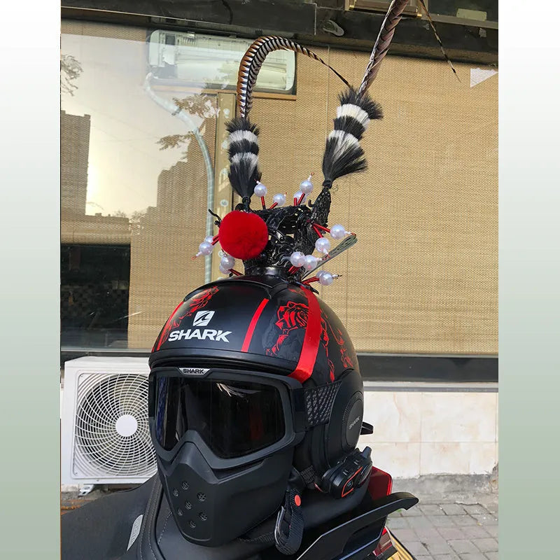 Zijin Crown black motorcycle helmet decoration with purple-gold accents and a long feather plume.