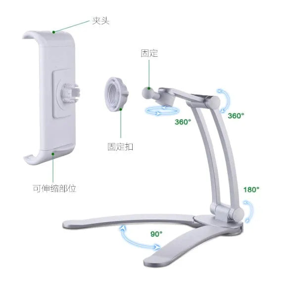 Aluminium alloy desktop tablet stand with adjustable clip holding a tablet at an angle