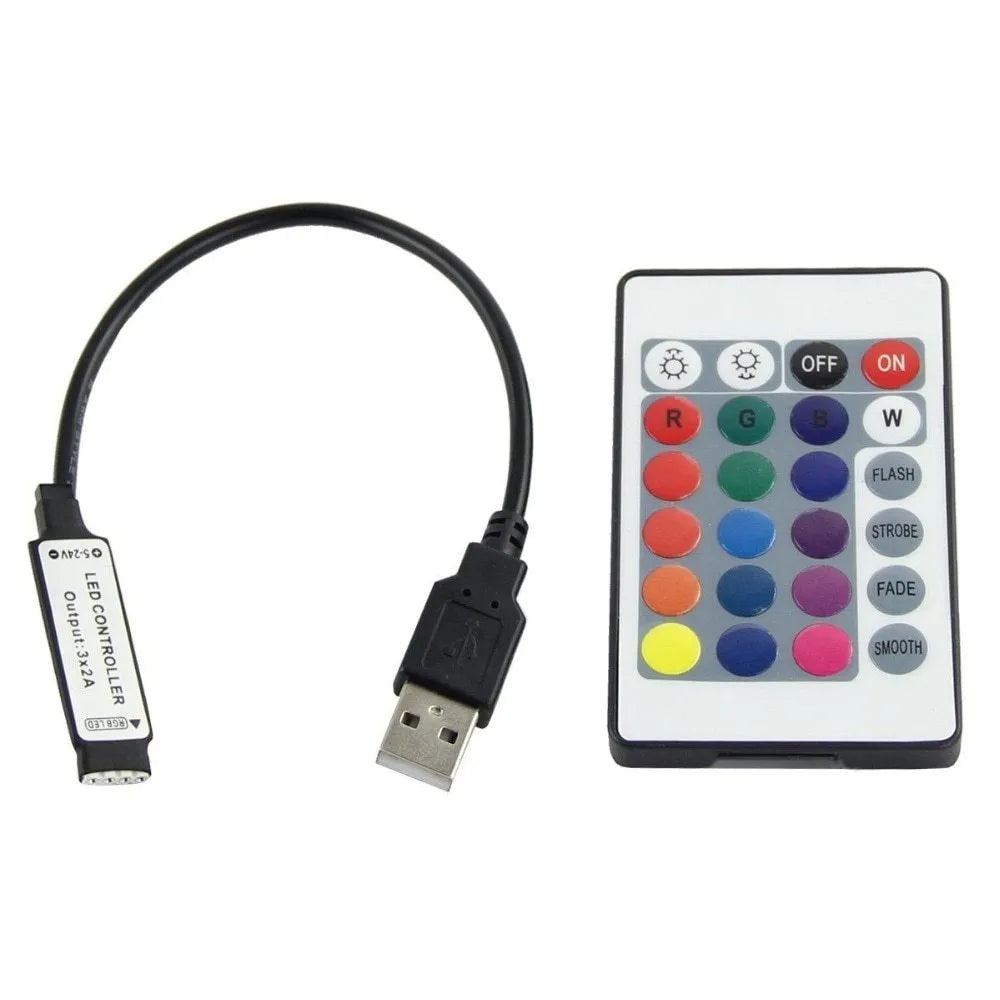 A flexible USB-powered LED light strip with SMD5050 LEDs, showing multiple colour options and a 50cm connecting cable.