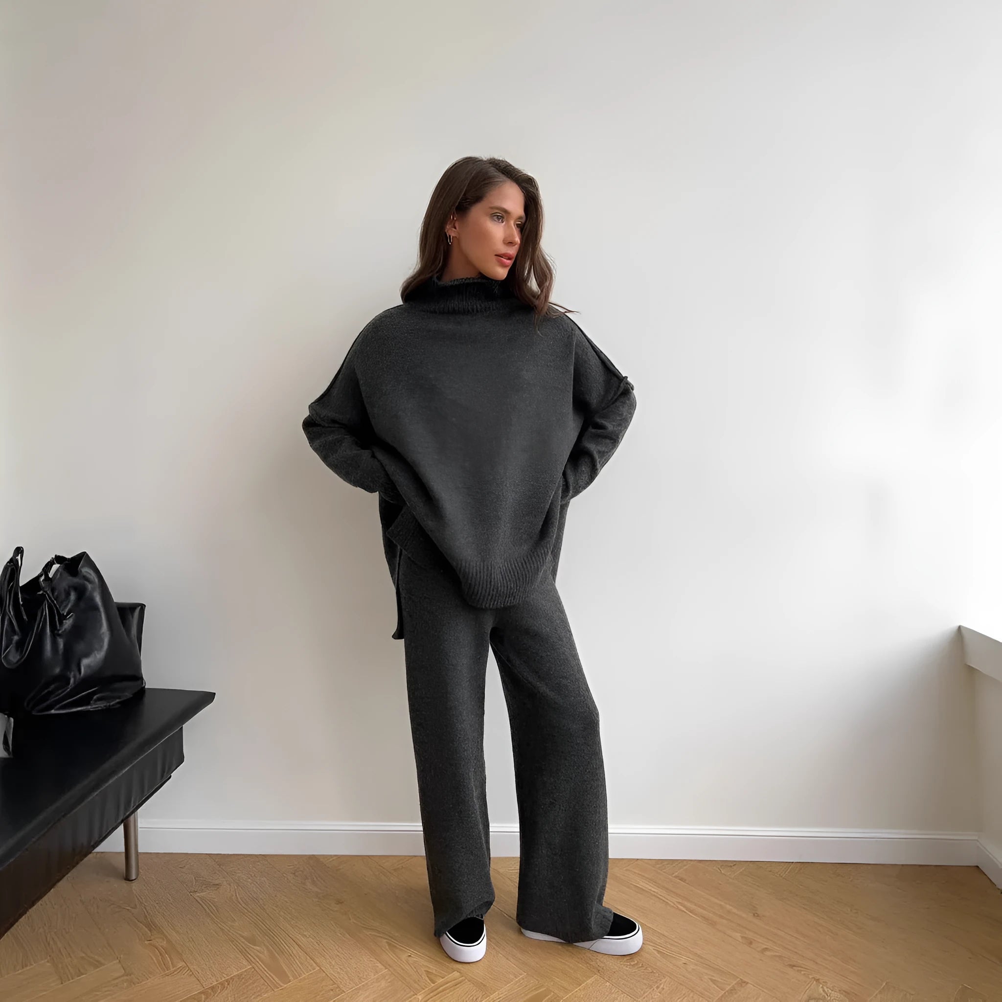 Women's acrylic two-piece suit set with side-slit sweater and matching trousers