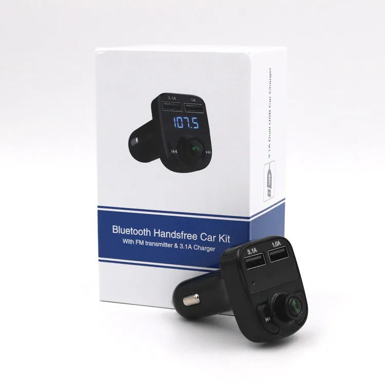 HY82 car Bluetooth MP3 player with cigarette lighter plug, USB ports, and FM transmitter for in-car use