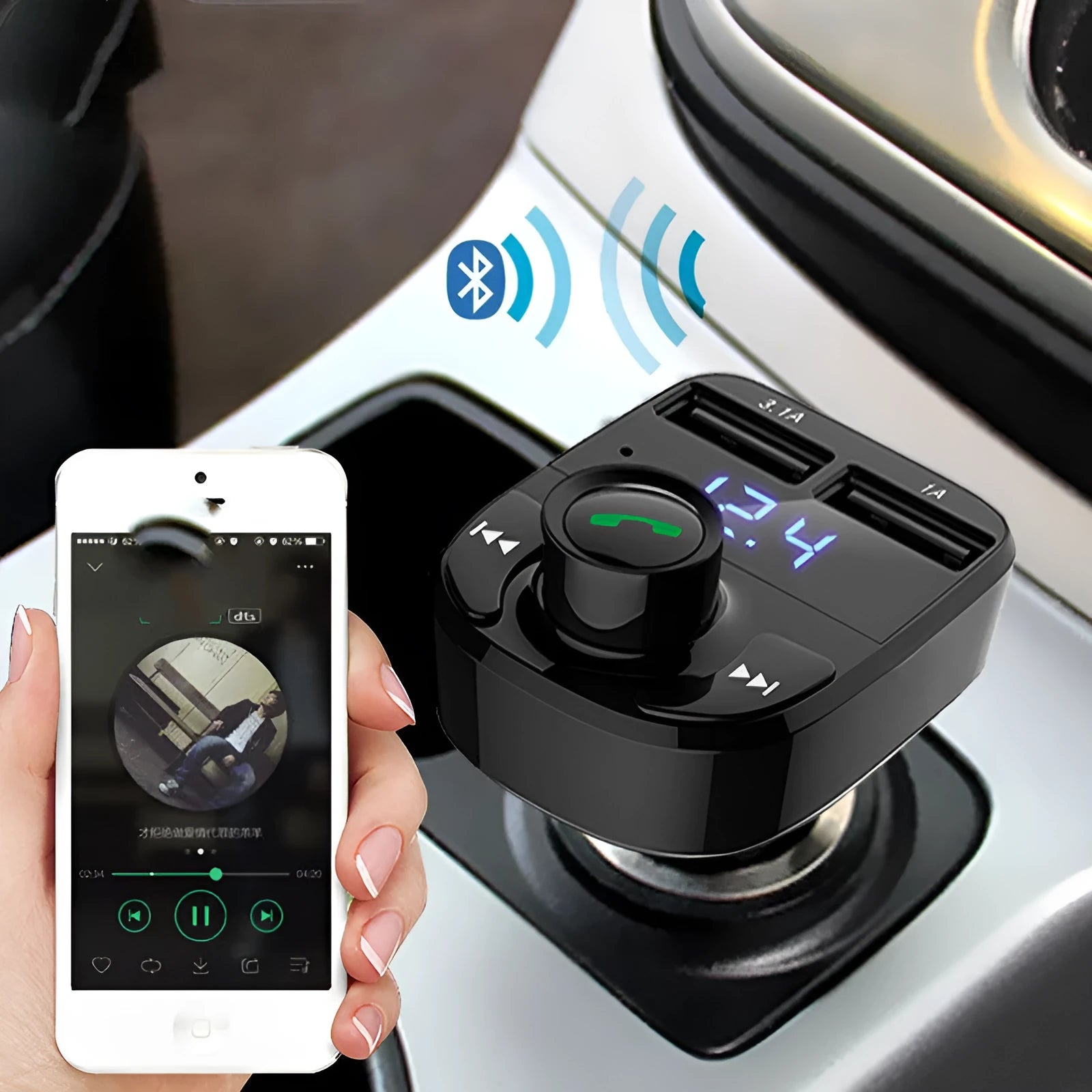 HY82 car Bluetooth MP3 player with cigarette lighter plug, USB ports, and FM transmitter for in-car use