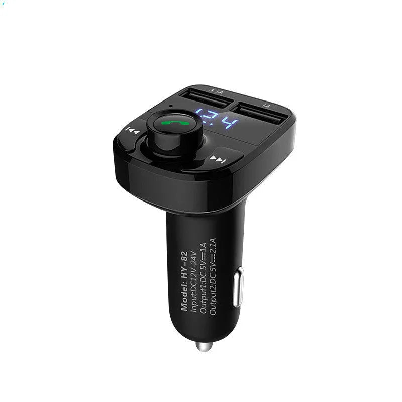 HY82 car Bluetooth MP3 player with cigarette lighter plug, USB ports, and FM transmitter for in-car use