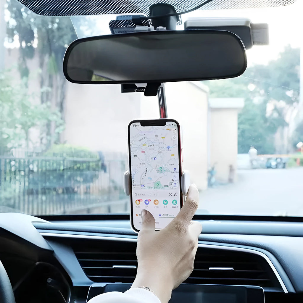 Black ABS plastic mobile phone bracket mounted on car rearview mirror