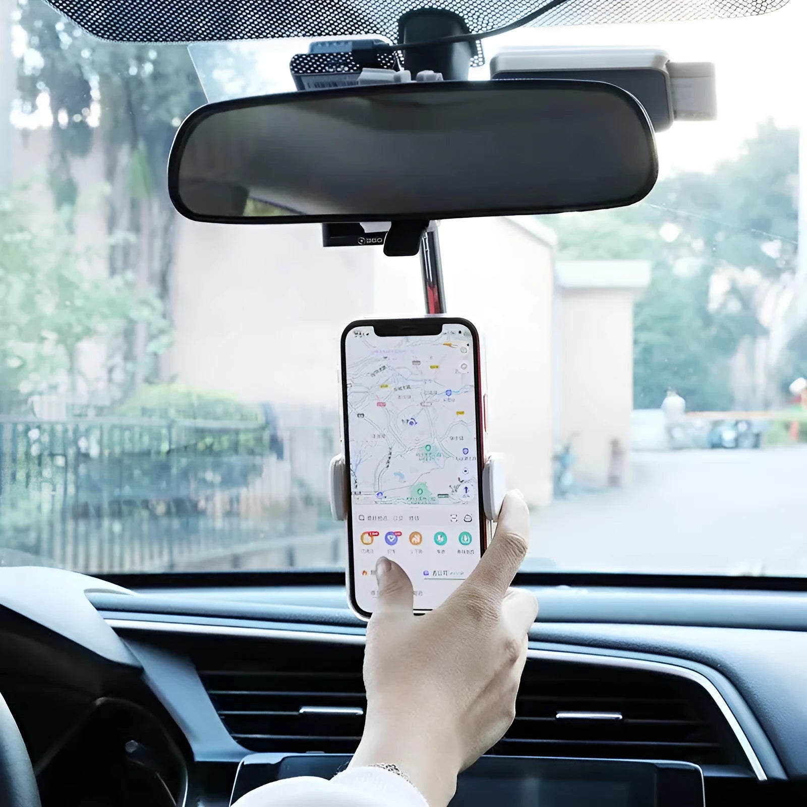 Black ABS plastic mobile phone bracket mounted on car rearview mirror