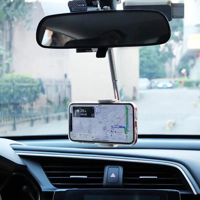 Black ABS plastic mobile phone bracket mounted on car rearview mirror