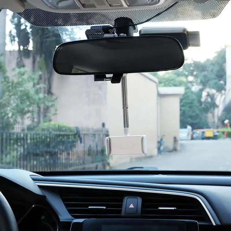 Black ABS plastic mobile phone bracket mounted on car rearview mirror