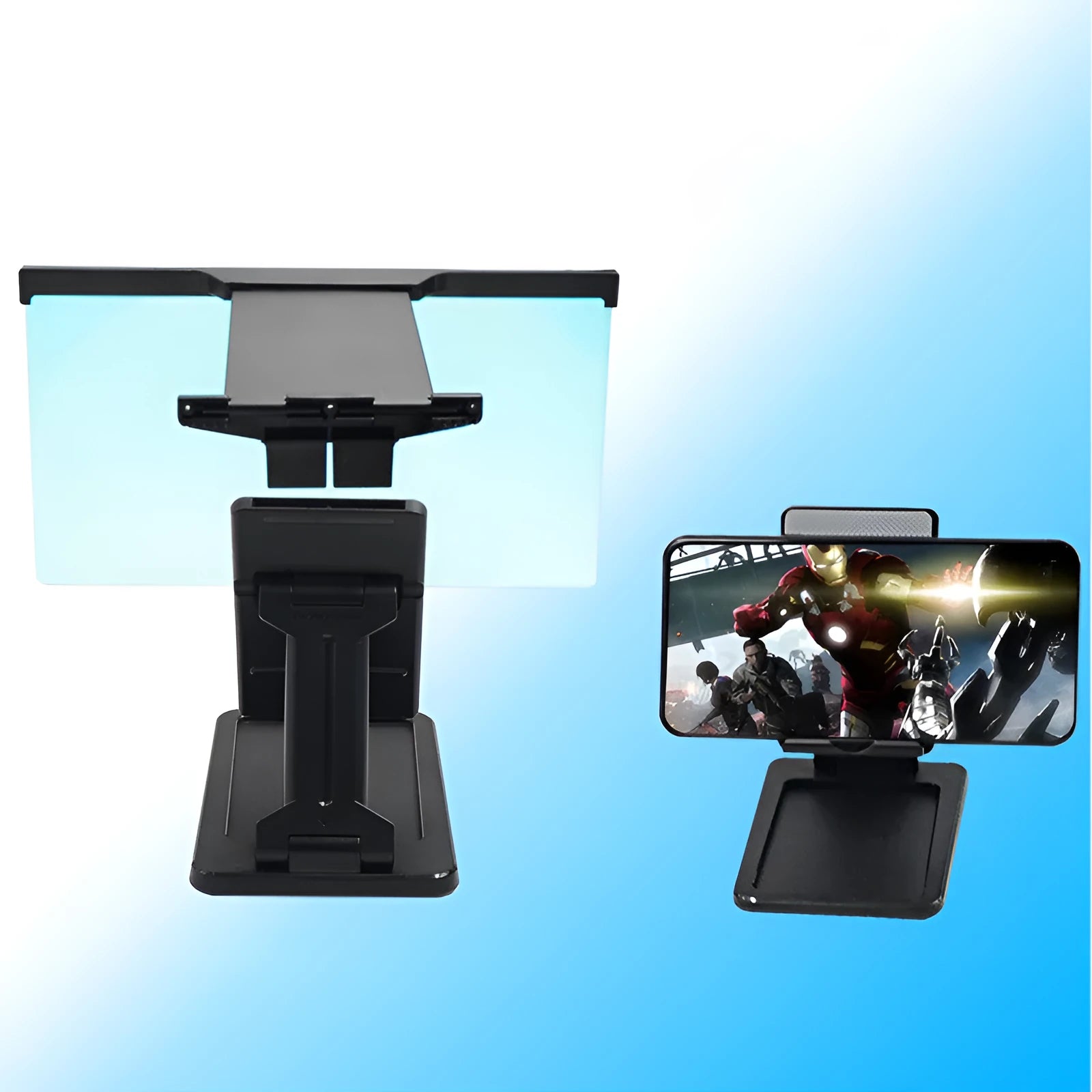 Black L20 split mobile phone screen magnifier with 12-inch acrylic lens and ABS plastic shell on a desktop.