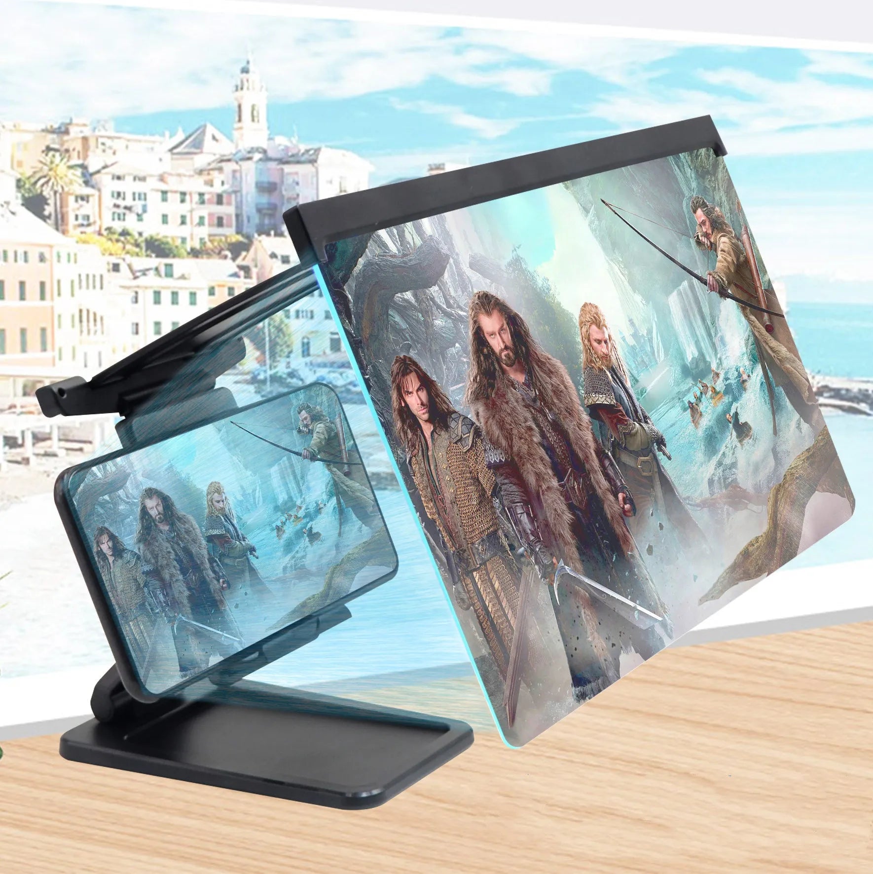 Black L20 split mobile phone screen magnifier with 12-inch acrylic lens and ABS plastic shell on a desktop.
