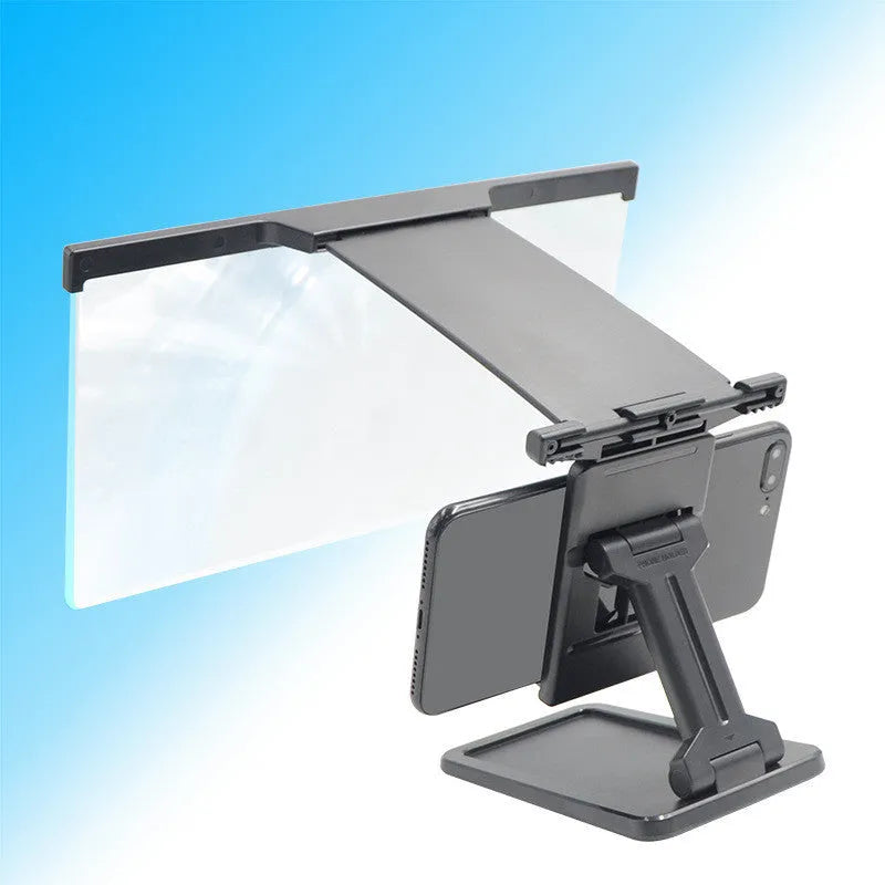 Black L20 split mobile phone screen magnifier with 12-inch acrylic lens and ABS plastic shell on a desktop.