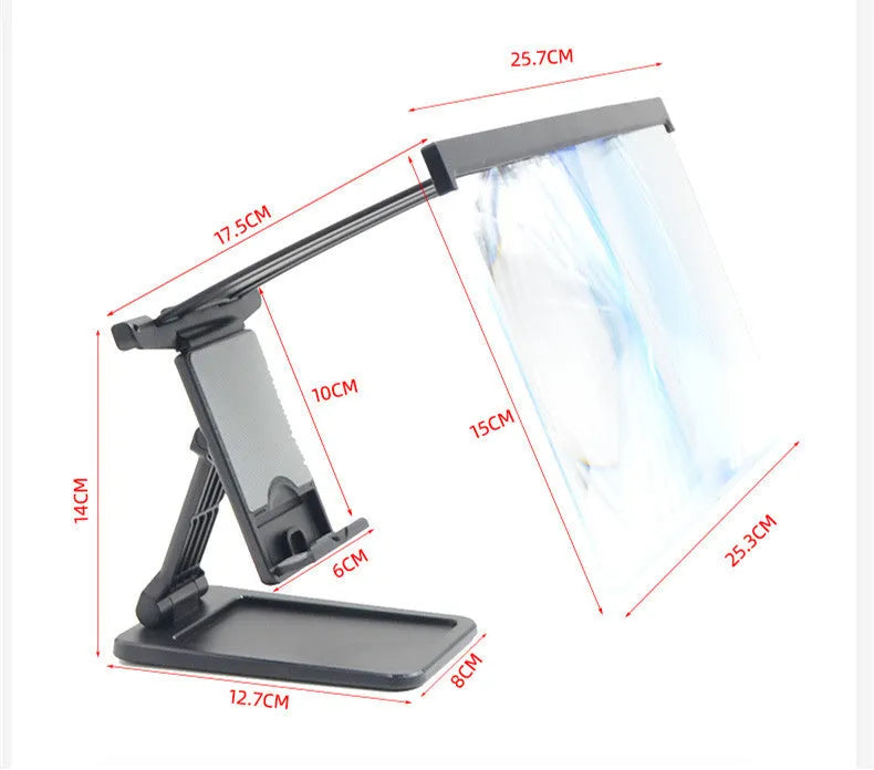 Black L20 split mobile phone screen magnifier with 12-inch acrylic lens and ABS plastic shell on a desktop.