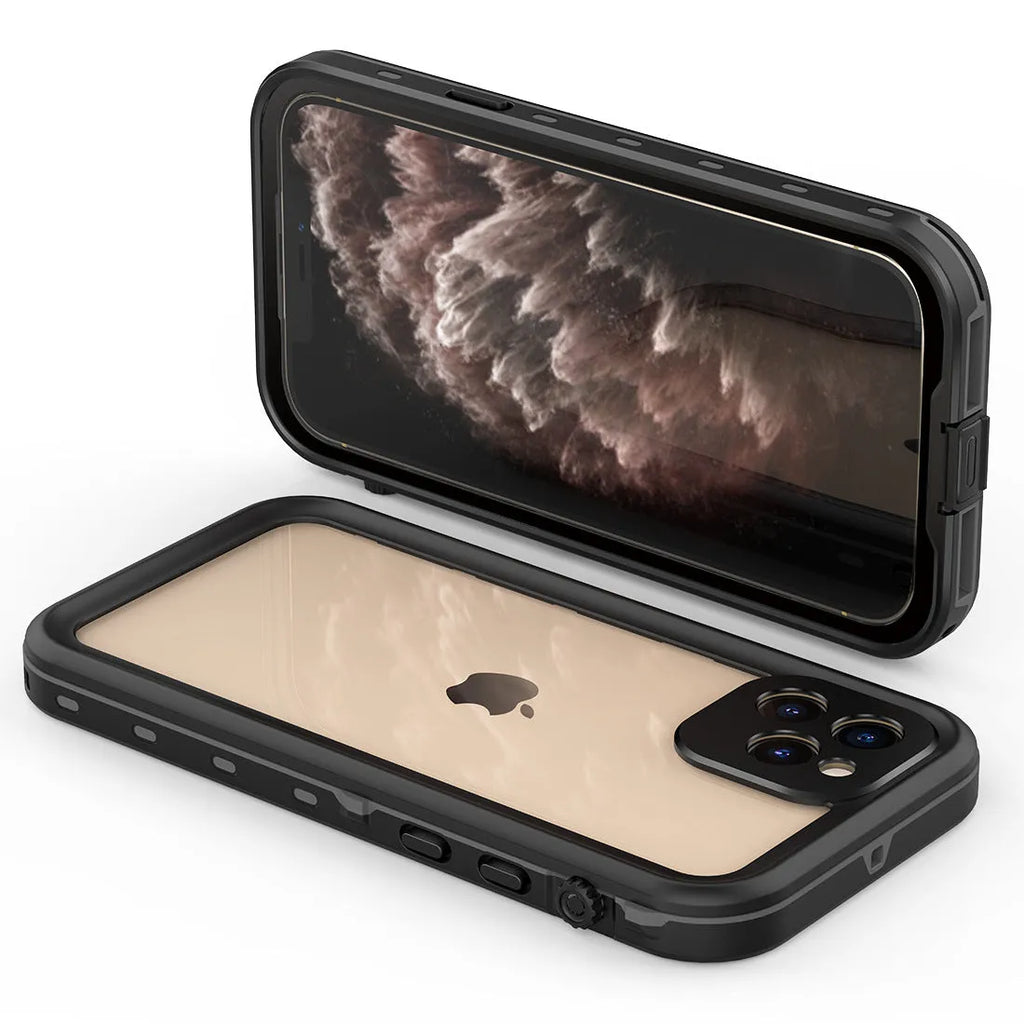 FREDPEPPER IP68 waterproof shockproof case for iPhone in black, blue, and red colours.