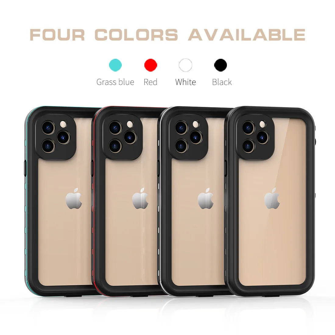 FREDPEPPER IP68 waterproof shockproof case for iPhone in black, blue, and red colours.