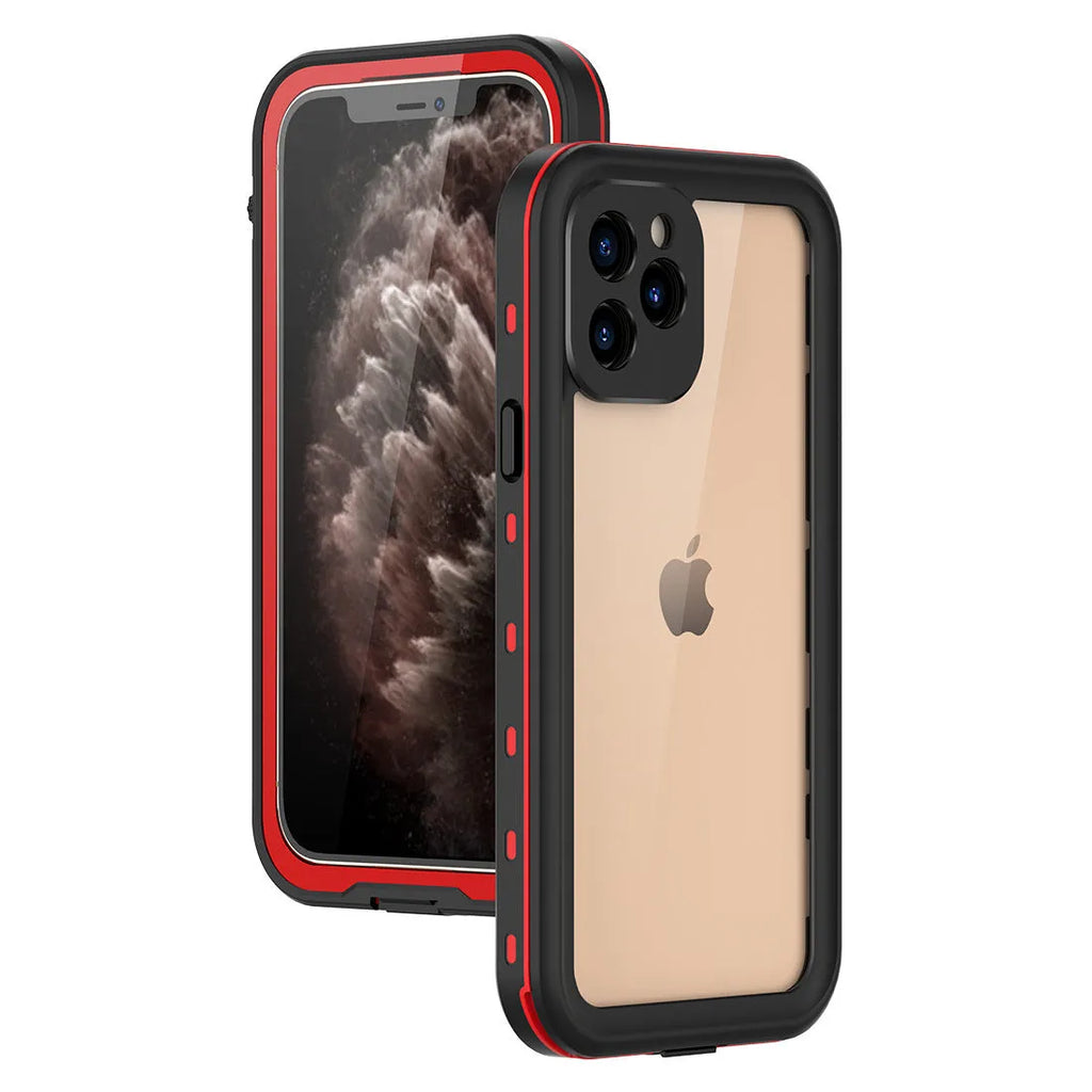 FREDPEPPER IP68 waterproof shockproof case for iPhone in black, blue, and red colours.