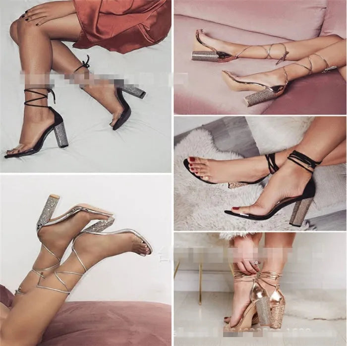 Black and gold pointed toe plastic high heels for women on a white background.
