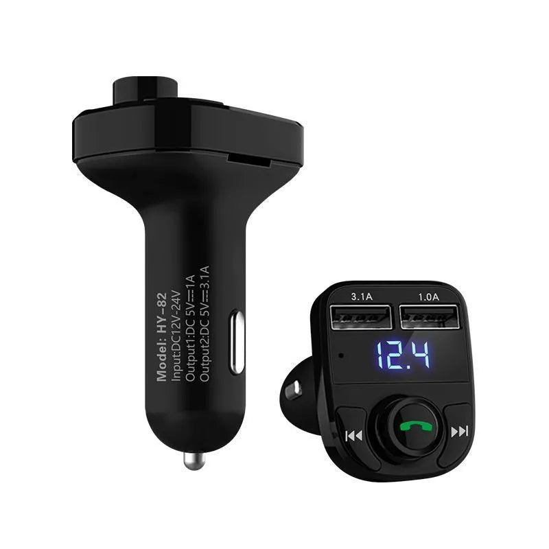 HY82 car Bluetooth MP3 player with cigarette lighter plug, USB ports, and FM transmitter for in-car use