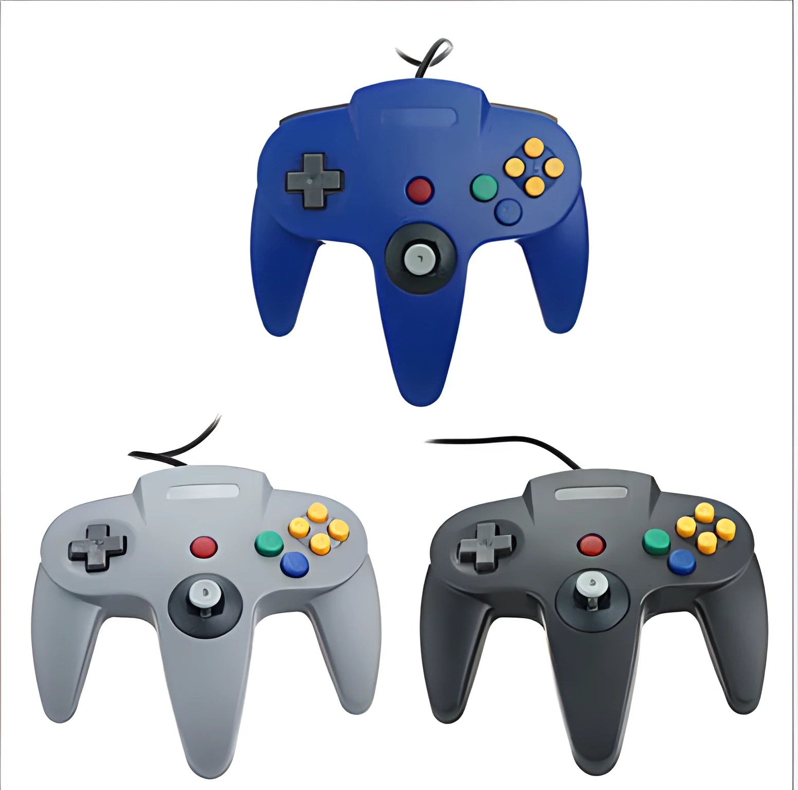 USB N64 gaming controller for Windows PC with classic three-prong design and multiple colour options