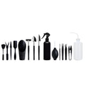 Black plastic and metal succulent plant tool set with 16 pieces including tweezers, shovel, and watering bottle on a grey cushion.