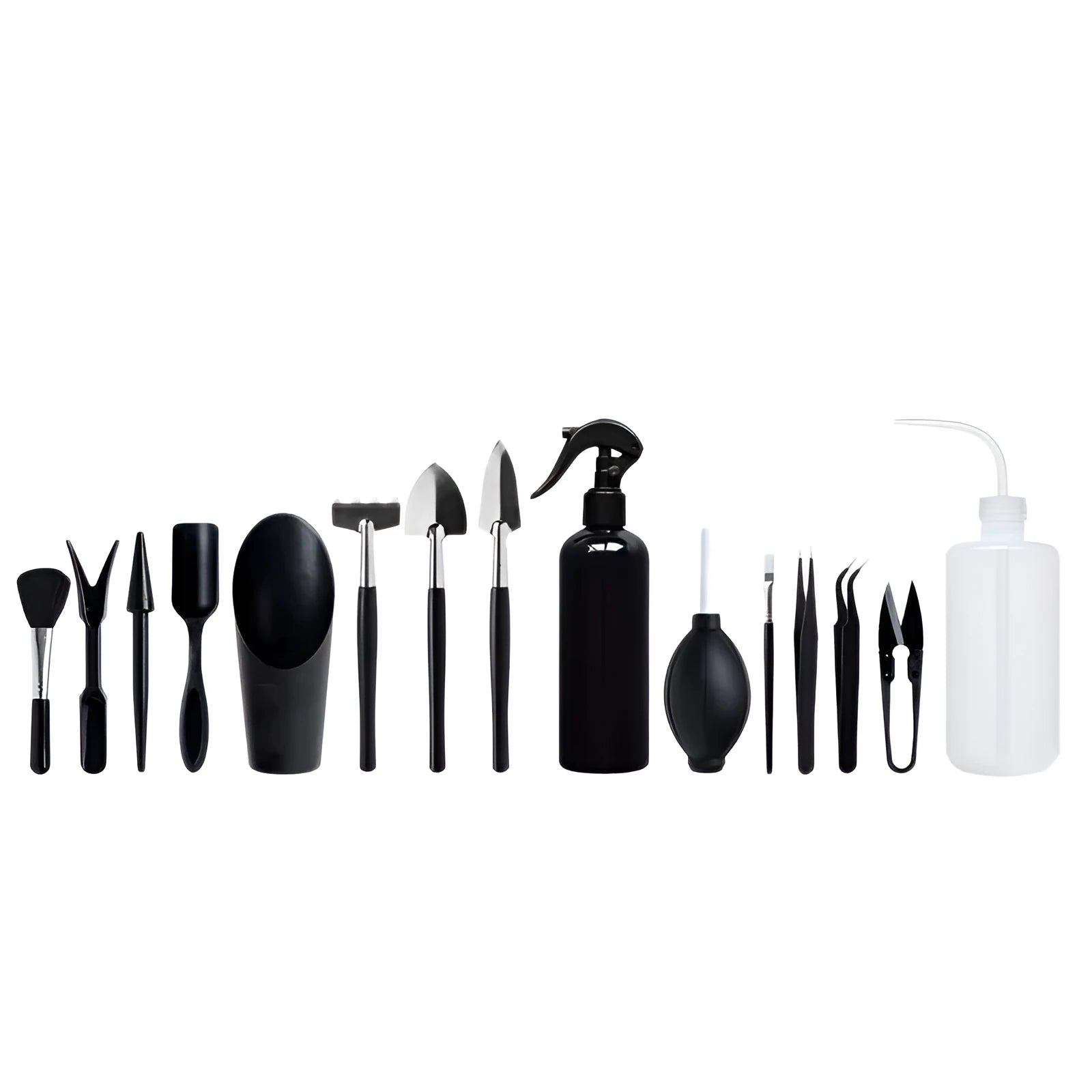 Black plastic and metal succulent plant tool set with 16 pieces including tweezers, shovel, and watering bottle on a grey cushion.