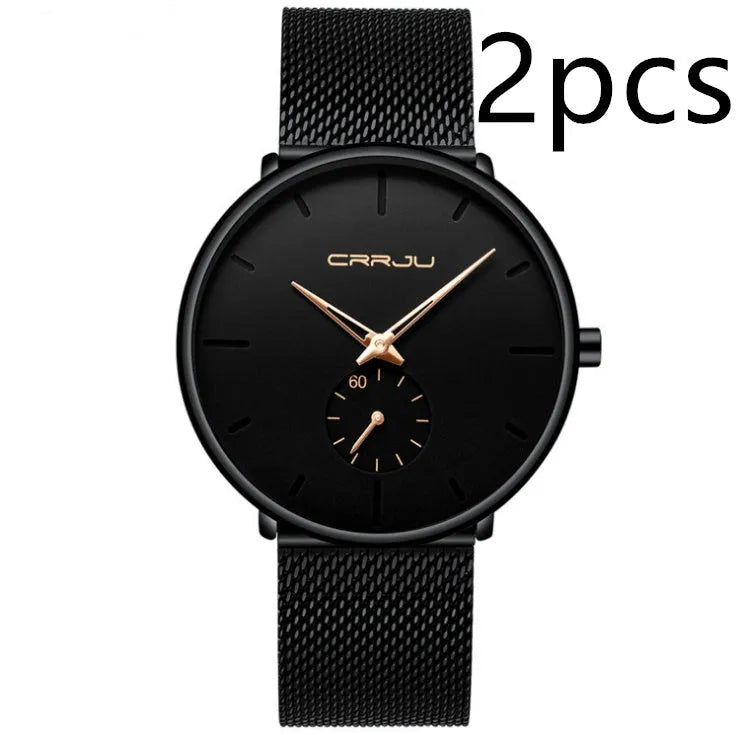 Simple ultra-thin round mesh belt watch with blue needle display