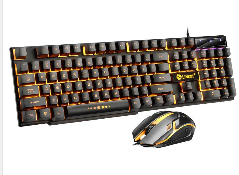 Limei GTX300 white black and black orange glow gaming keyboard and mouse set on desktop