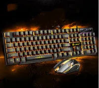 Limei GTX300 white black and black orange glow gaming keyboard and mouse set on desktop