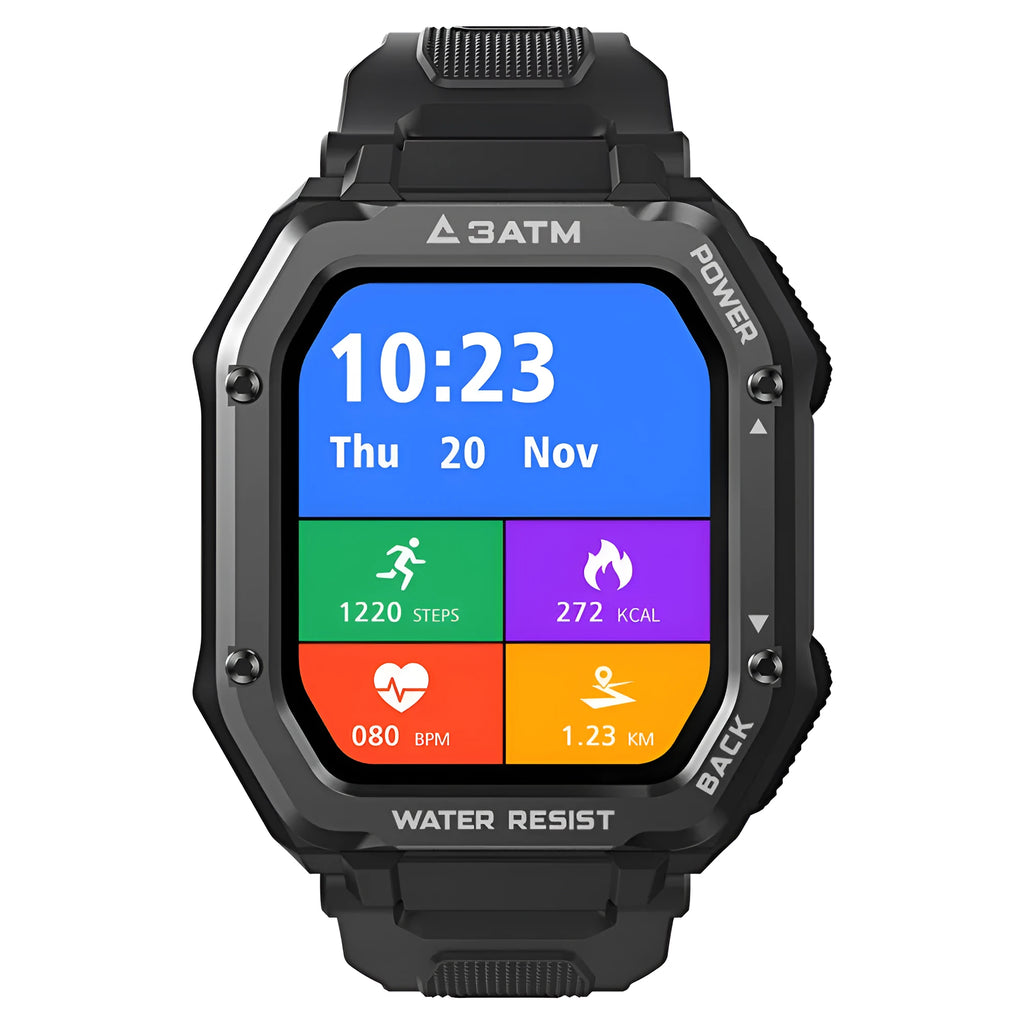 Army green rugged outdoor smart watch with 1.69-inch screen showing sports tracking display