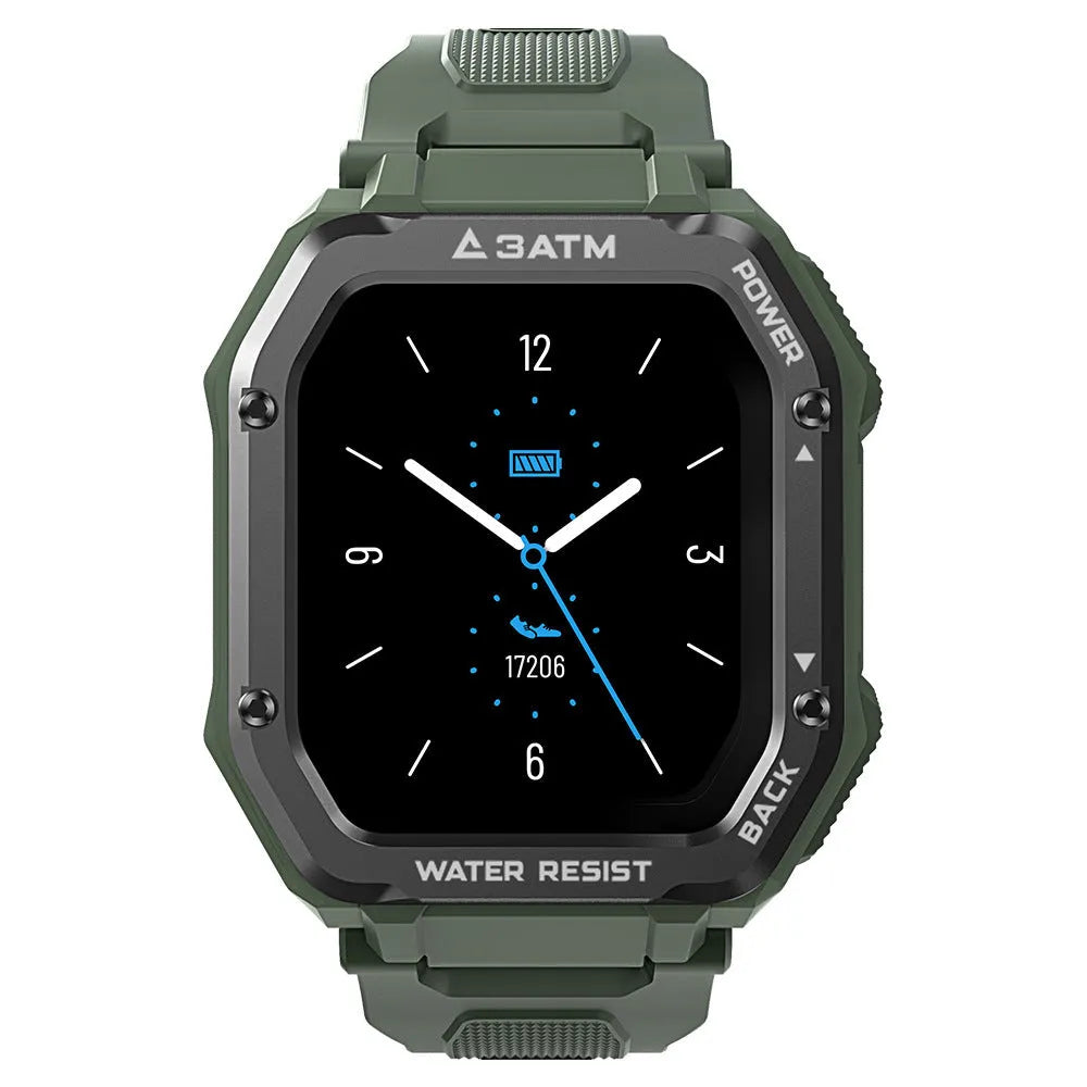 Army green rugged outdoor smart watch with 1.69-inch screen showing sports tracking display