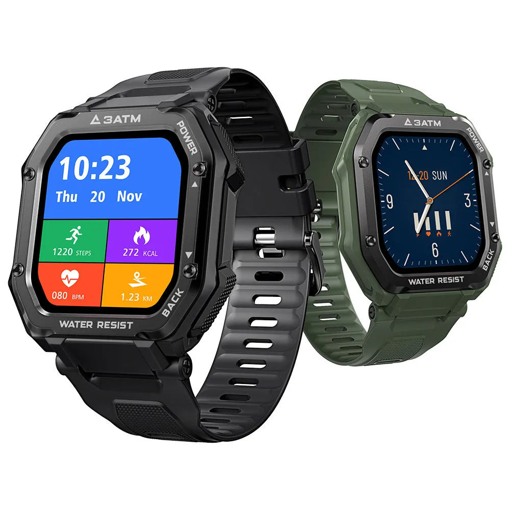 Army green rugged outdoor smart watch with 1.69-inch screen showing sports tracking display