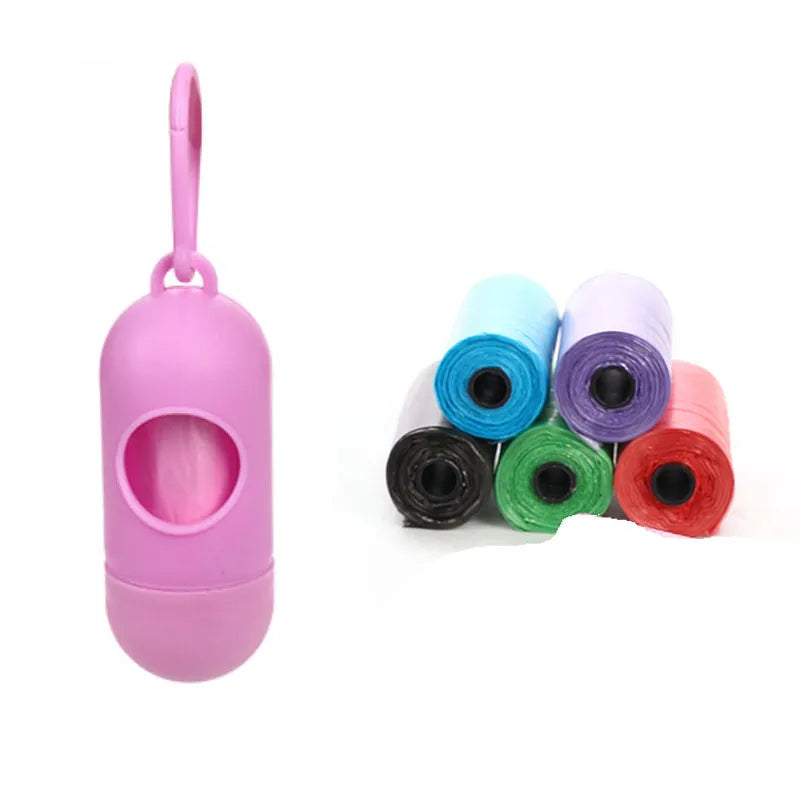 Roll of multi-colour dog waste bags showing black blue green pink purple and red black options