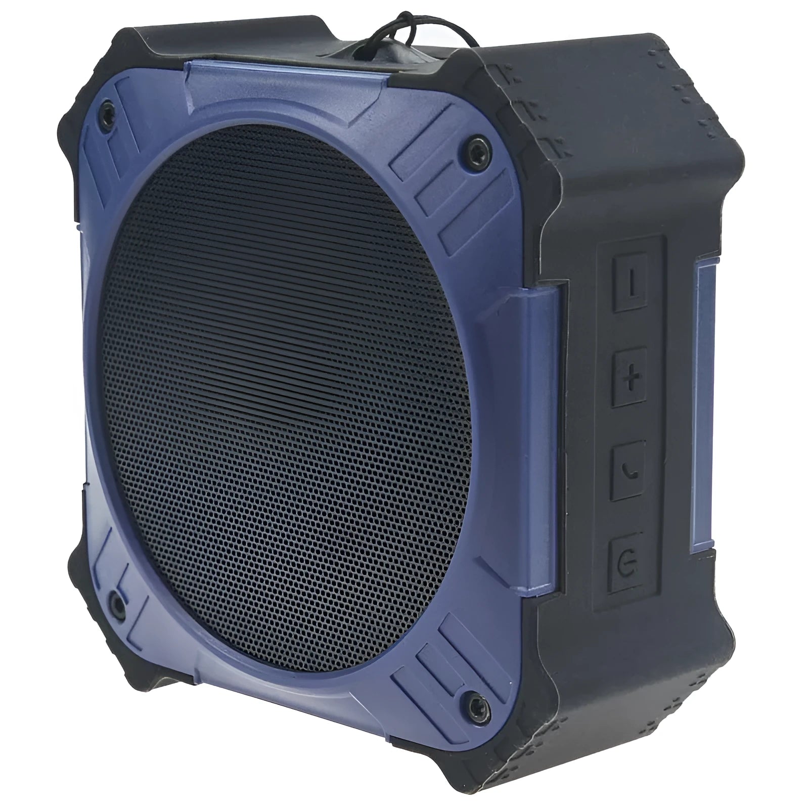 Small square black or blue waterproof portable Bluetooth speaker with a wrist strap.