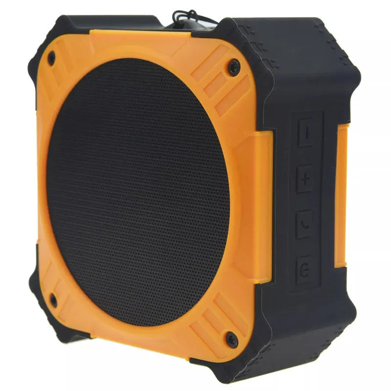 Small square black or blue waterproof portable Bluetooth speaker with a wrist strap.