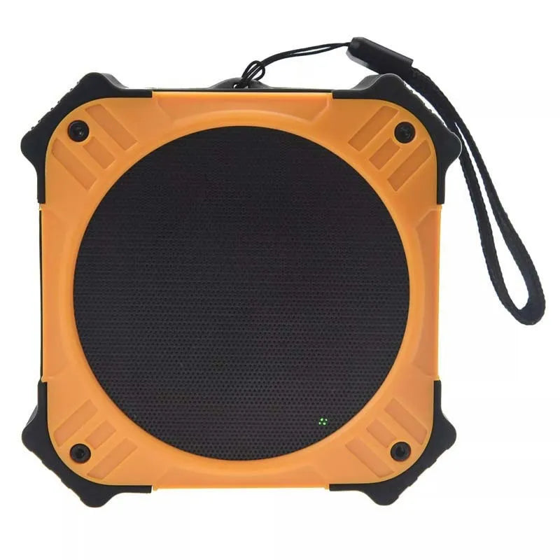 Small square black or blue waterproof portable Bluetooth speaker with a wrist strap.