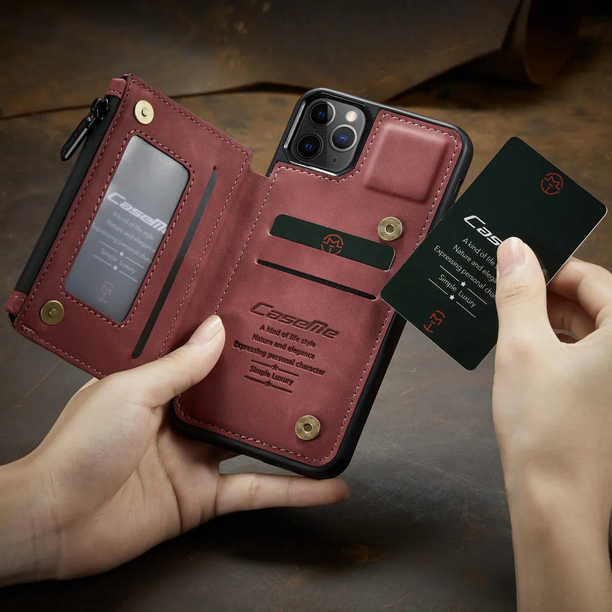 Frosted solid colour PU+TPU phone holster case for iPhone on a table.
