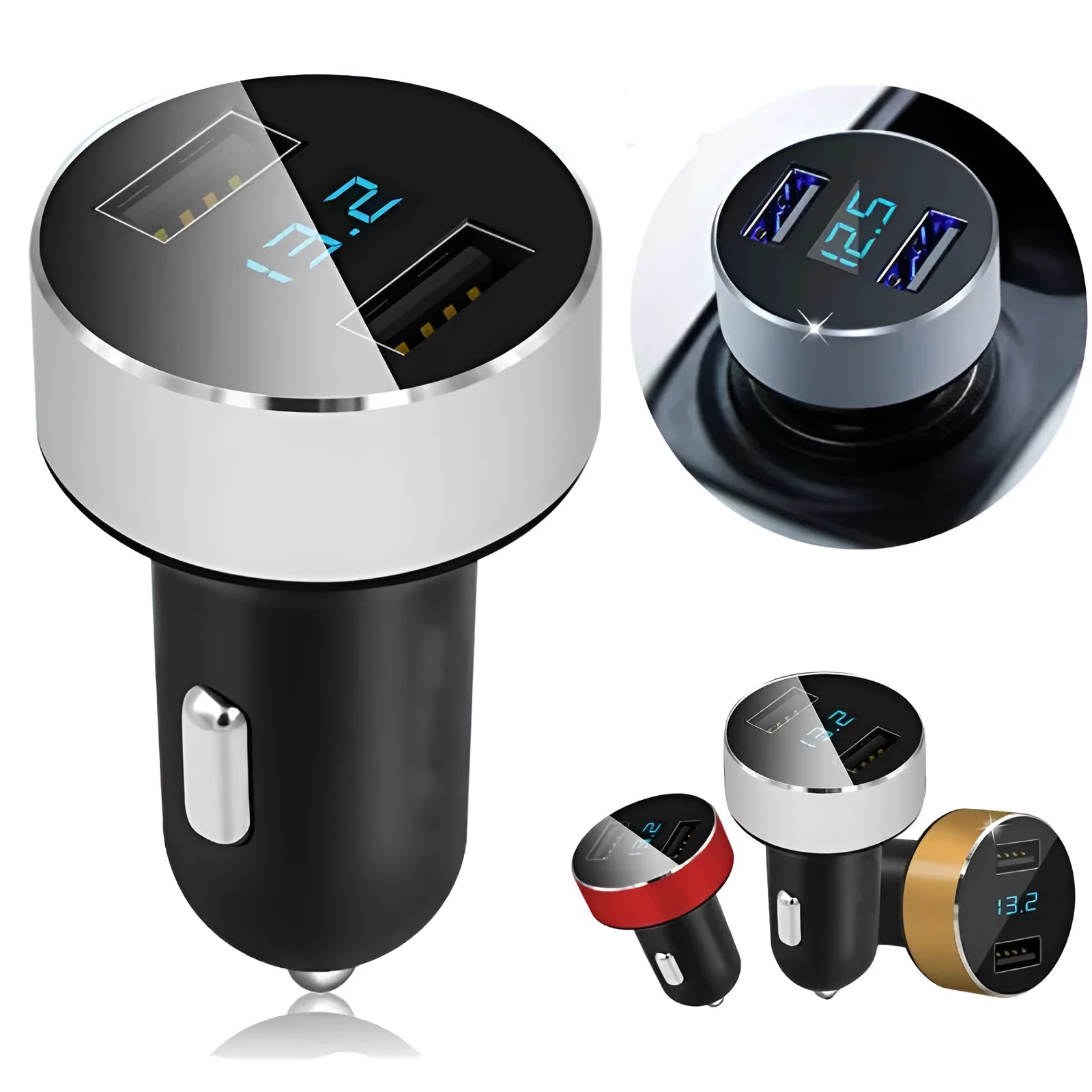 English Car Mobile Phone Charger dual USB ports compact 59x33mm PC hardware construction Blue Red Silver